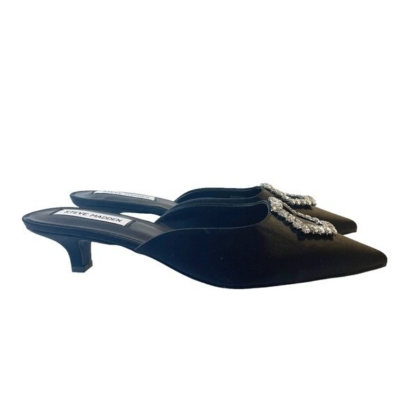 NWT Steve Madden Kees Black Satin Rhinestone Buckle Kitten Heel Mule Size 8.5 - Picture 8 of 16